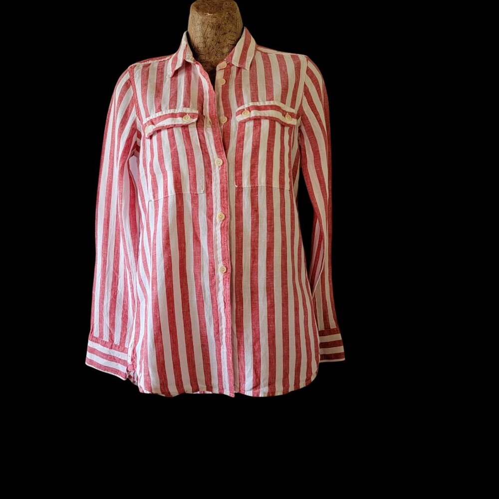 J Crew Linen Red & White Striped Button-Up Long Sleeve Shirt With Chest Pockets - Picture 2 of 11